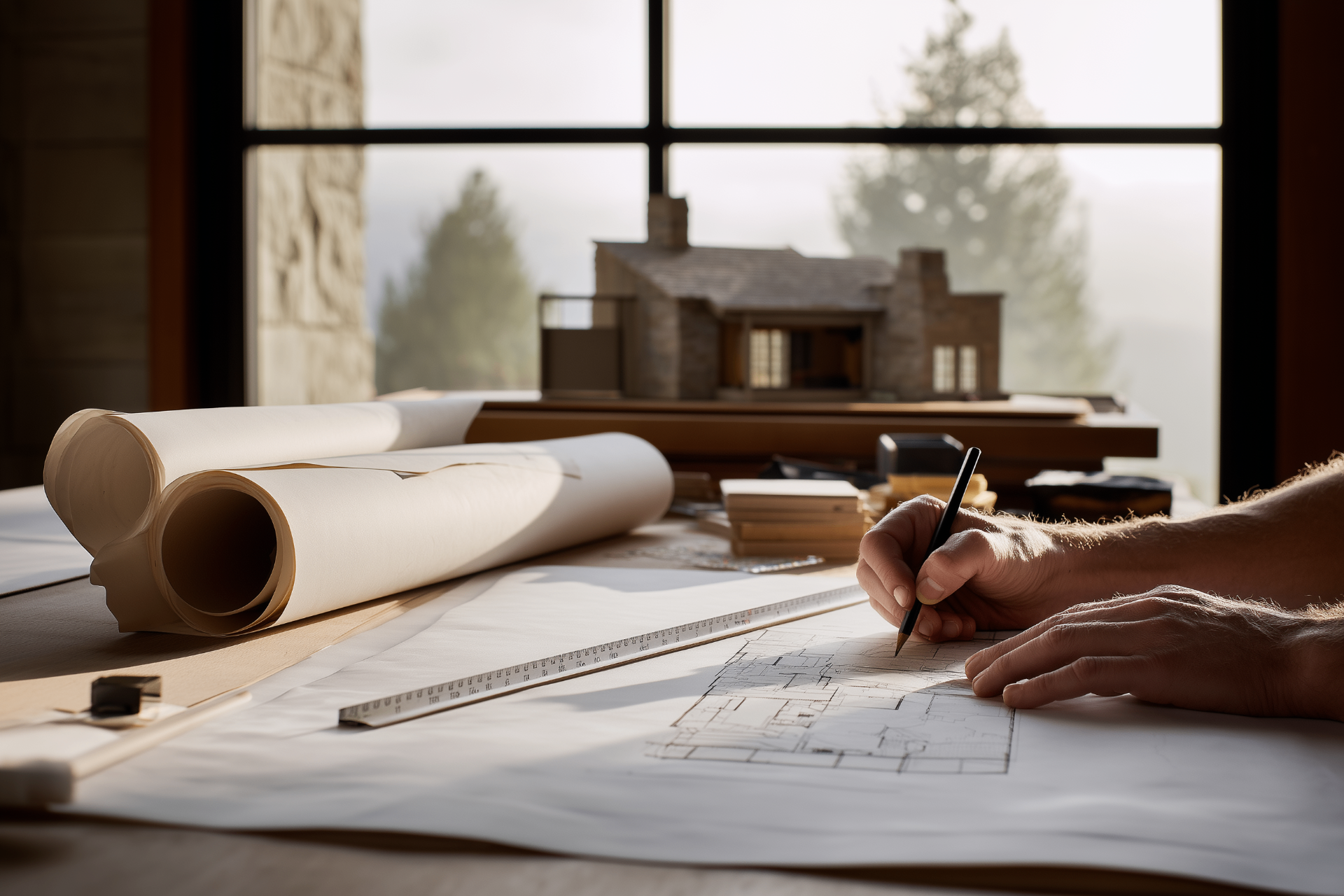 An architect's hands sketching a floor plan in pencil on trace paper at a warm-lit desk, rolled drawings and a scale ruler beside them, a stone mountain home model framed by a large window looking out to misty conifers.