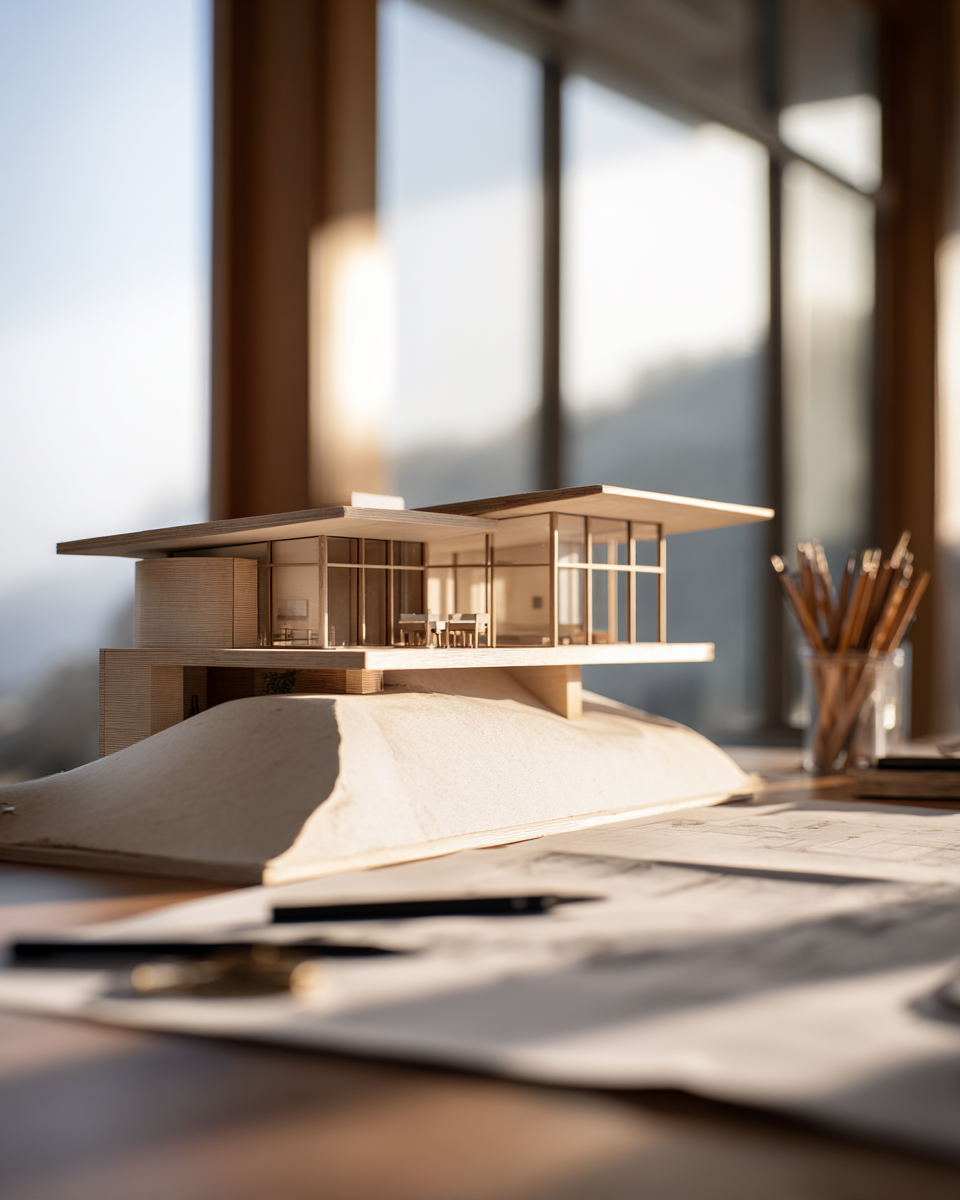 A precise basswood architectural study model of a mountain-modern home with cantilevered roof planes and full-height glazing, set on a sculpted site model beside a jar of pencils and floor-plan drawings, warm morning light through tall studio windows.