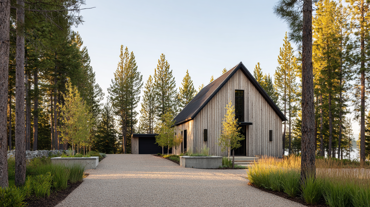 Happy Valley Hideout — a Craft Builders custom home with a single tall pale-cedar gable and dark standing-seam roof at the end of a long gravel drive through a stand of Montana pines at golden hour.