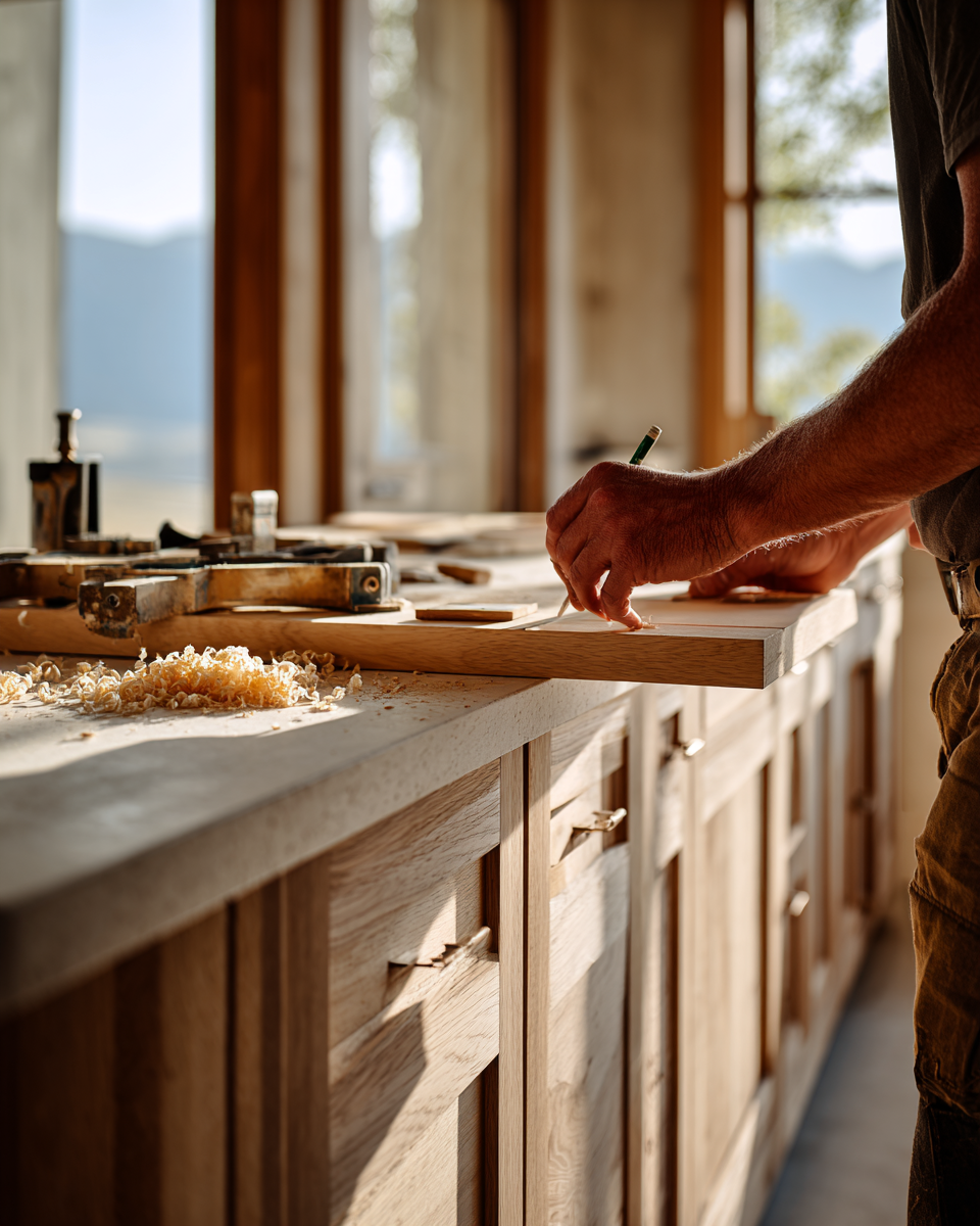 A Craft Builders finish carpenter scribing a rift-sawn white oak cabinet by hand in a mountain-modern custom home kitchen in the Flathead Valley, curls of wood shavings on a honed stone counter and a forested meadow beyond the window.