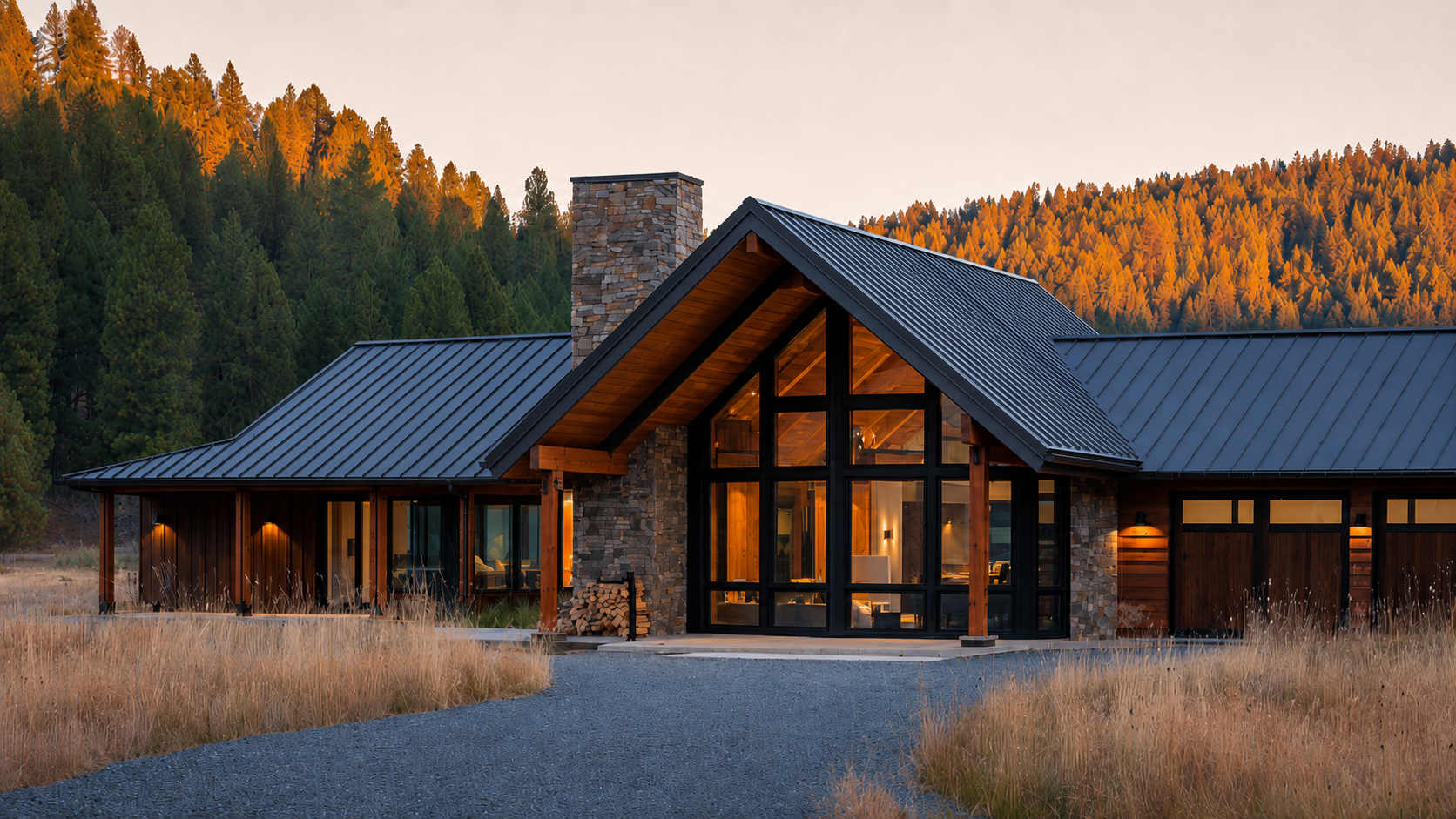 Flathead River Ranch — a Craft Builders custom home with a steep timber gable, stacked-stone chimney, and black standing-seam roof, floor-to-ceiling black steel windows glowing warmly at dusk against a golden larch hillside in Northwest Montana.