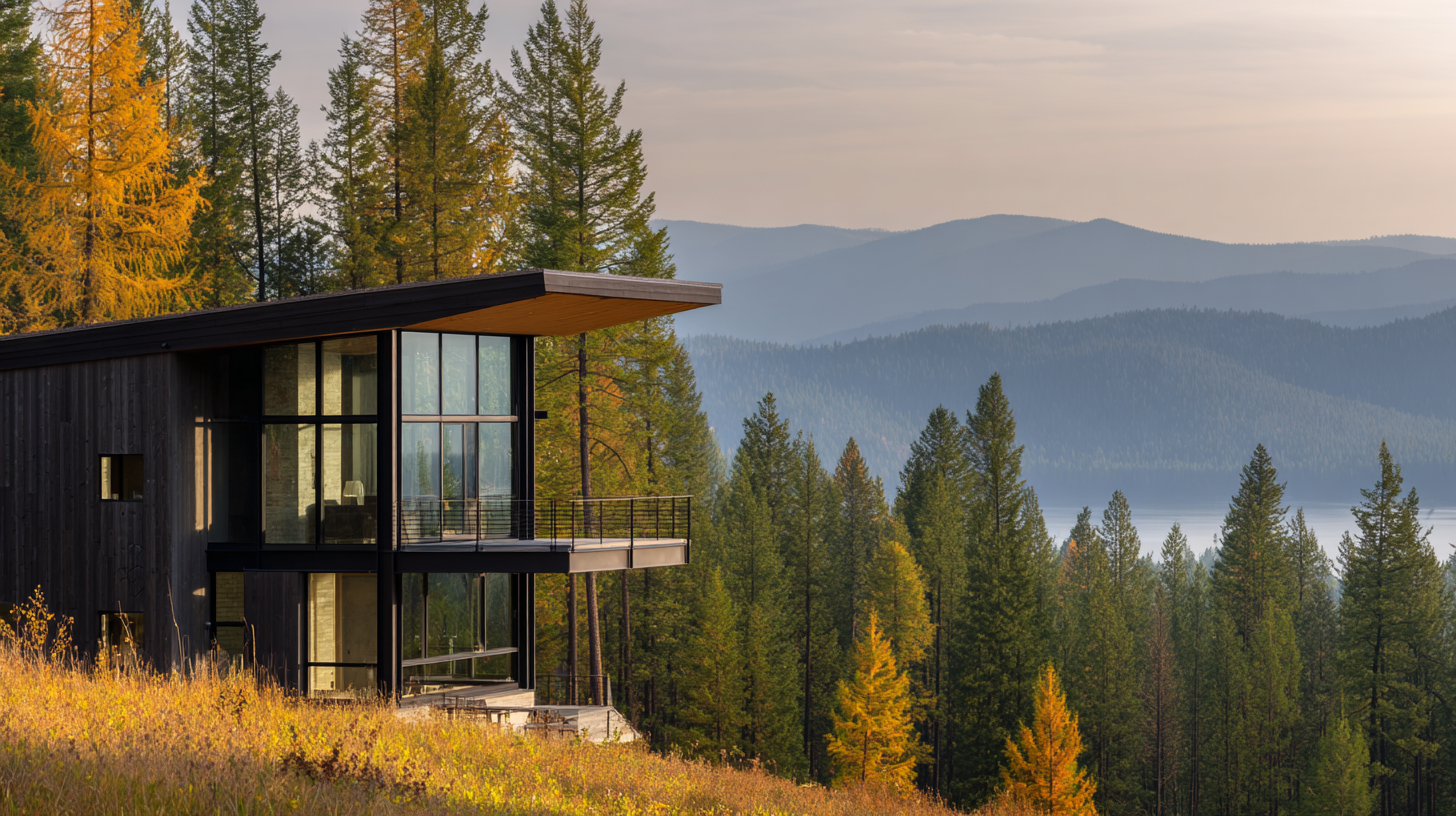 Lakeside Getaway near Flathead Lake — a Craft Builders custom home of blackened vertical timber and floor-to-ceiling glass, cantilevered above a golden autumn hillside of larch with the lake and hazy forested ridgelines beyond.
