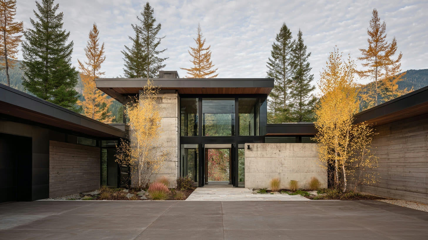 A modern mountain home entry in the Flathead Valley, framed by board-formed concrete, dark steel and glass, and golden larch trees in autumn.