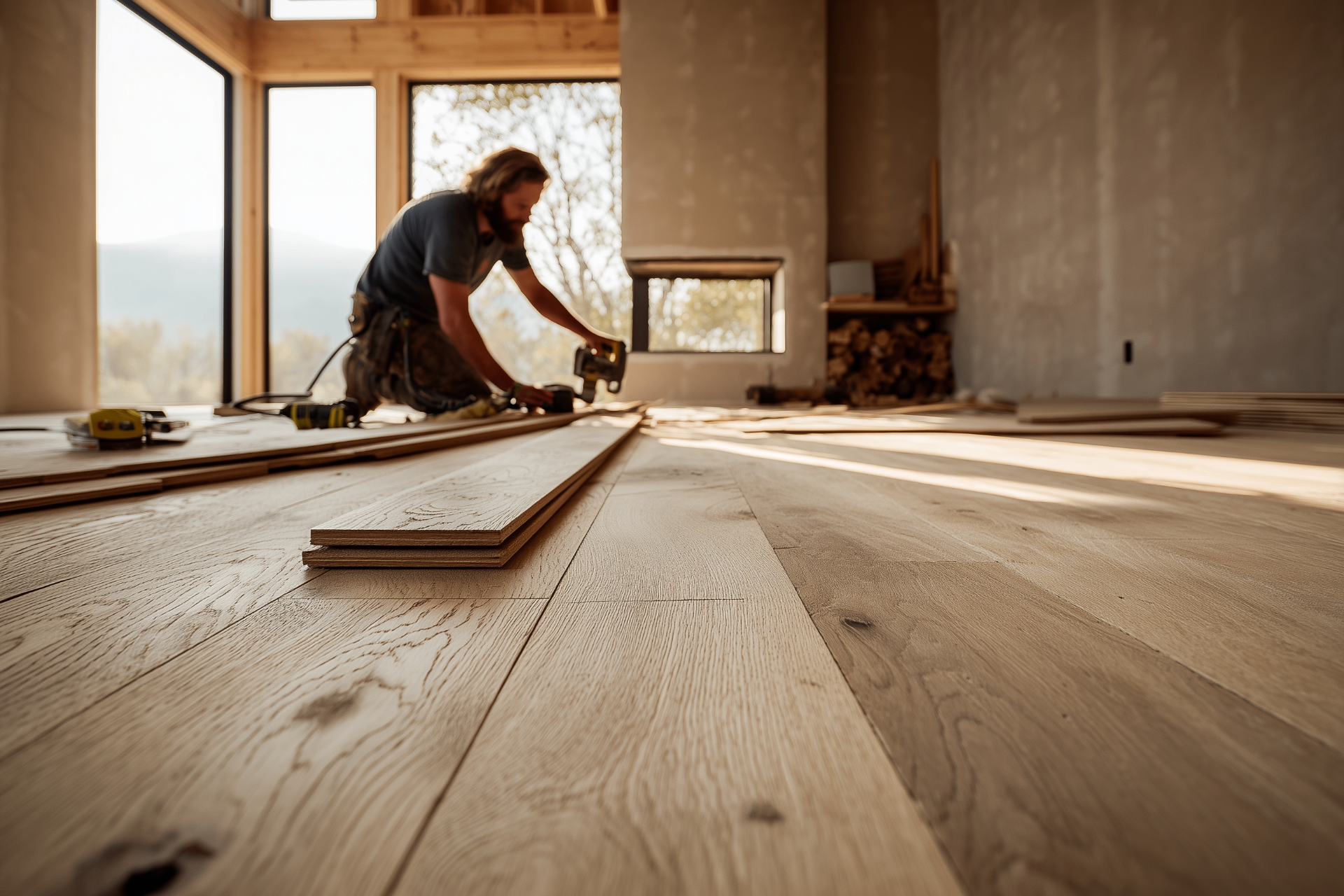 A Craft Builders finish carpenter kneeling to install wide-plank rift-sawn white oak flooring in a mountain-modern custom home great room, warm daylight raking across the boards from full-height windows framing the Flathead Valley beyond.