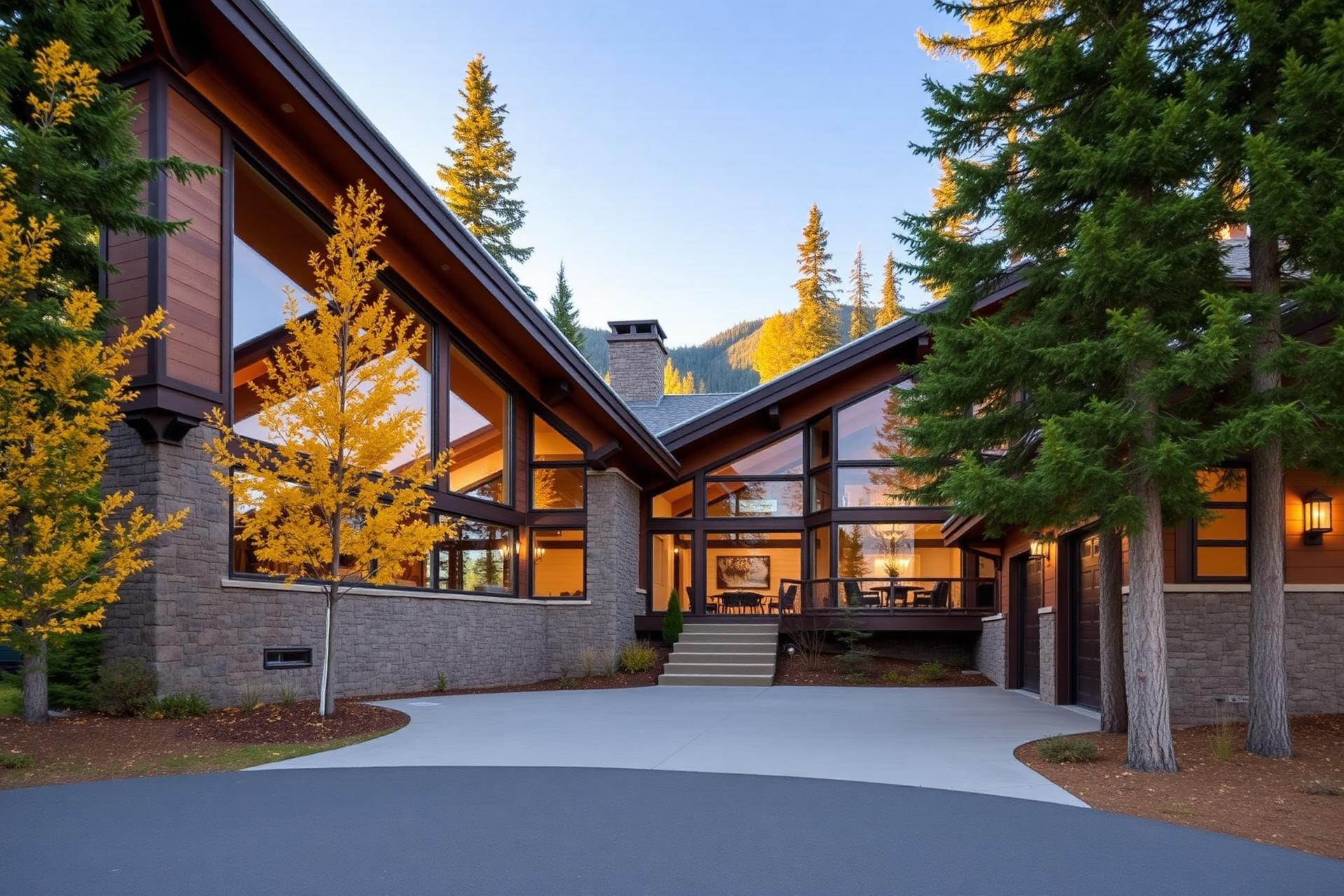 A completed mountain-modern timber-and-glass custom home by Craft Builders, set among golden Western larch and evergreens in the Flathead Valley of Northwest Montana.